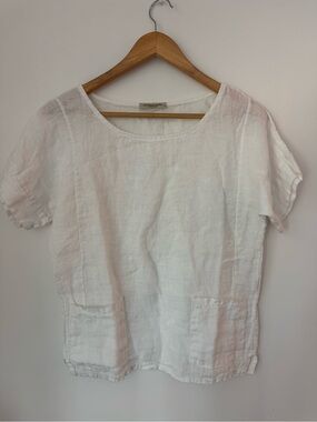 Francesca Bettini White 100% Linen Short Sleeve Pocket Blouse Made in Italy S